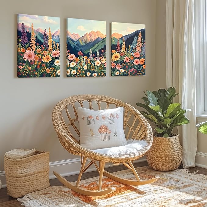 Hianan Mount Daisy Wildflower Landscape Wall Art, Colorful Floral Wall Decor, Boho Sunset Landscape Canvas Painting, Bright Botanical Poster Prints for Living Room Bedroom Framed 16"x24"x3