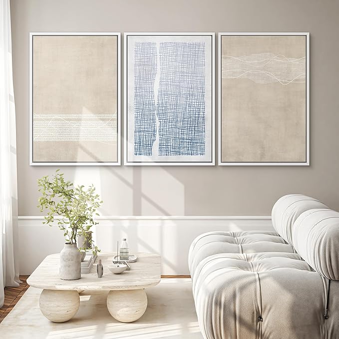 SIGNWIN Framed Canvas Print Wall Art Set Tan Blue Geometric Landscape Abstract Shapes Cozy Neutral Modern Art Decorative Boho Relax/Zen Nordic for Living Room, Bedroom, Office - 24"x36"x3 White