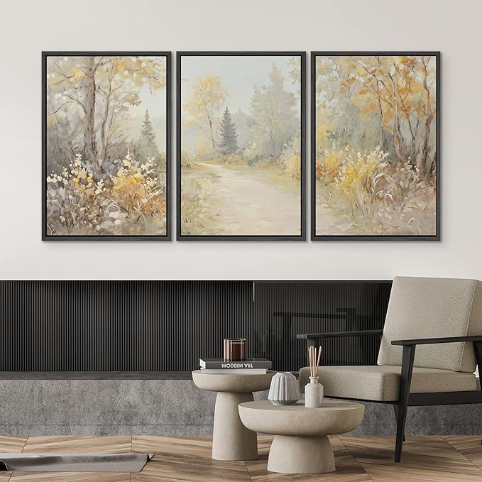 SIGNWIN Framed Canvas Print Wall Art Set Golden Woodland Path Impressionist Nature Scene Illustrations Modern Art Decorative for Living Room, Bedroom, Office - 16"x24"x3 Black
