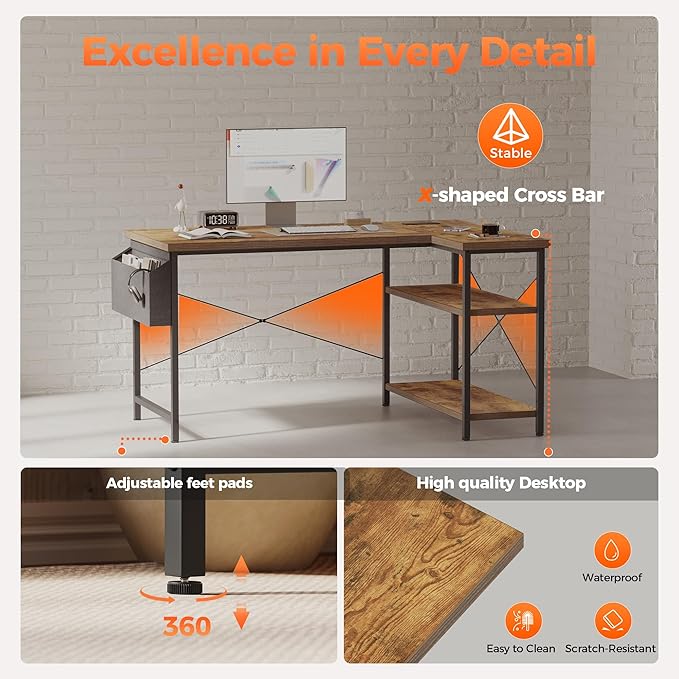 Mericonia Small L Shaped Computer Desk with Power Outlets, Reversible Gaming Desk with Storage Shelves, Corner Gamer Desk Table, Study Writing Table