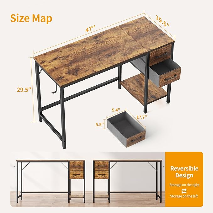 CubiCubi Computer Desk with 2 Drawers, 47 Inch Small Home Office Desk with Storage Study Writing Table, Light Brown