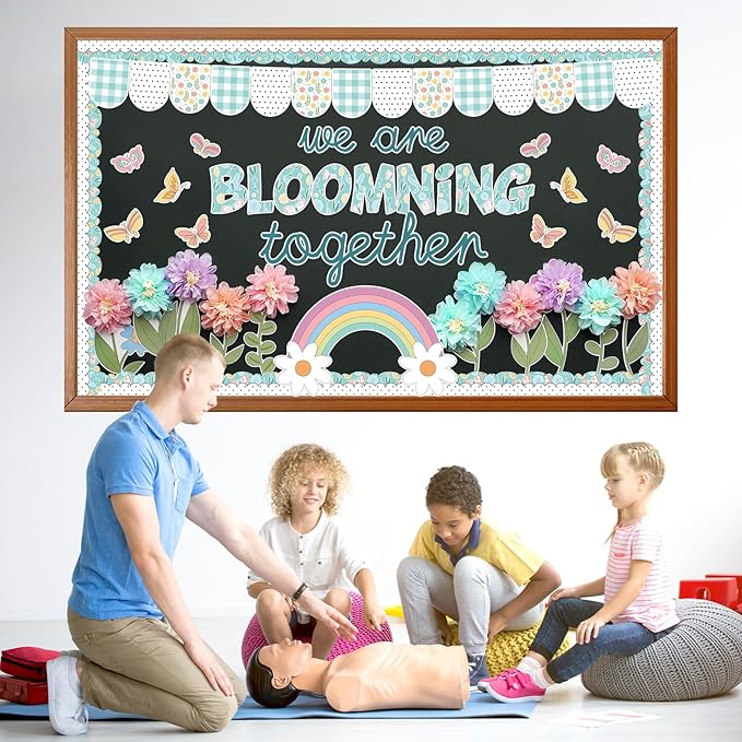 Summer Spring Bulletin Board Decorations Flower Bulletin Board Set with 3D Tissue Paper Pompoms Butterfly Cutouts We are Blooming Together Floral Decor for School Classroom Home Chalkboard Wall