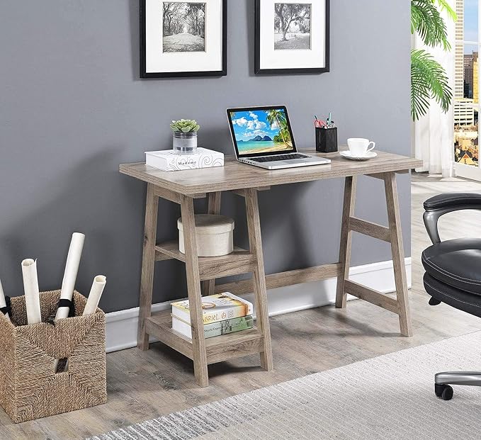Convenience Concepts Designs2Go Trestle Desk 47" - Modern Desk or Vanity with Shelves, for Office, Dorm, Living Room, Sandstone