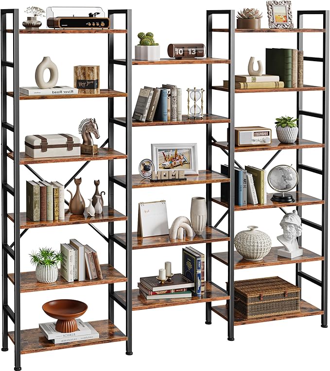 SUPERJARE Triple Bookshelf, Bookcase with 17 Open Display Shelves, Wide Book Shelf Book Case for Home & Office, 6 Tier, Brown