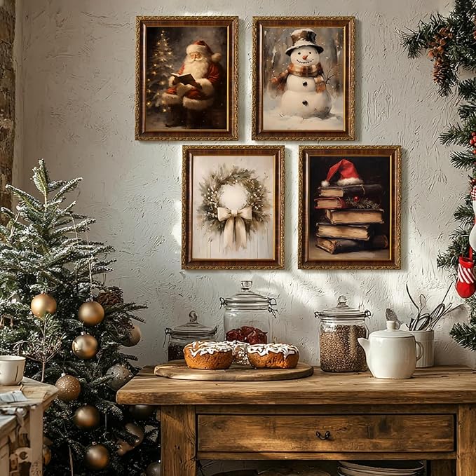 Vintage Christmas Canvas Wall Art Poster Set of 8, Santa Christmas Tree Snowman Pictures Wall Decor, Winter Holiday Paintings Prints Aesthetic Home Decor for Living Room Bedroom 12x16 inch Unframed