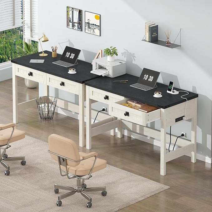 Farmhouse Computer Desk with 2 Drawers, 39 Inch Small Office Computer Desk with Power Outlets, Compact Writing Study Vanity Desk for Small Spaces, Black and White