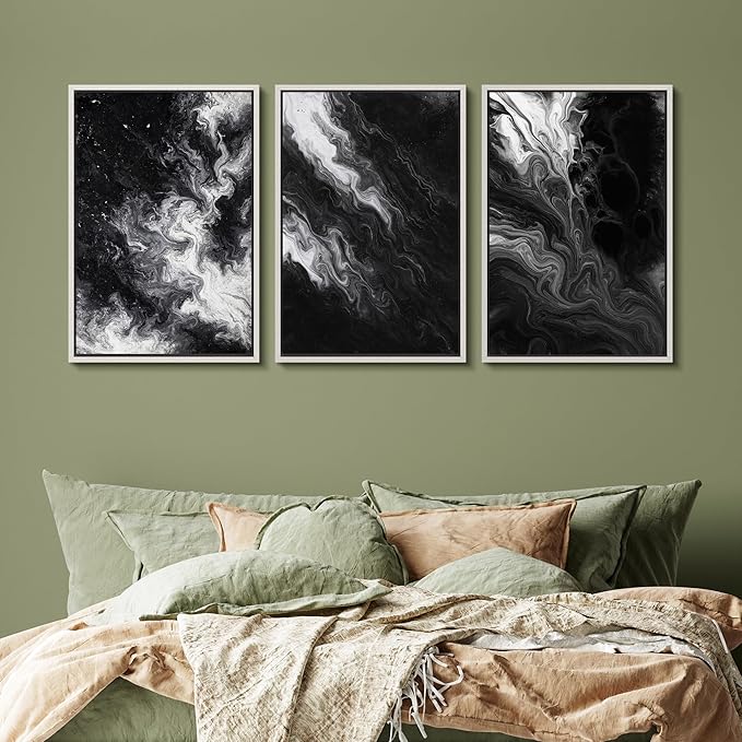 SIGNFORD Framed Wall Art Print Set Black and White Marble Abstract Modern Fluid Digital Art Modern Art Contemporary for Living Room, Bedroom, Office - 24"x36"x3 WHITE