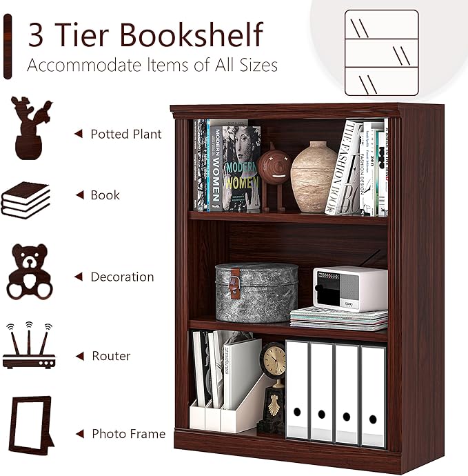 3-Tier Bookshelf Basic Book Case, Wooden Storage Shelves Rustic Bookshelf, D:12.8" x W: 29.5" x H:41.2", Sturdy Display Cabinet for Living Room, Library, Office, 3-Tier, Cherry