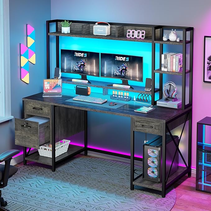 DWVO Computer Desk with Drawers & Hutch, 59.1" Office Desk with Power Outlets & LED Lights, Home Office Desk with Storage Shelves, Grey