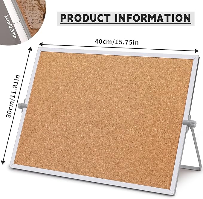11.81"×15.74" Cork Board Bulletin Board, Double Sided Pin Board with Silver Aluminum Border, Desktop Small Cork Board with Stand Suitable for Home, Office, Desk Message Board or Picture Board