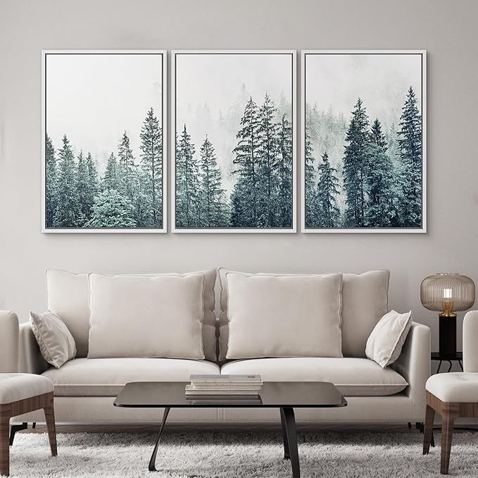 SIGNWIN Framed Canvas Print Wall Art Woodland Nursery Decor Set Film Grain Misty Mountain Pine Trees Nature Wilderness Modern Art Chic Landscape for Living Room, Bedroom, Office - 24"x36"x3 White