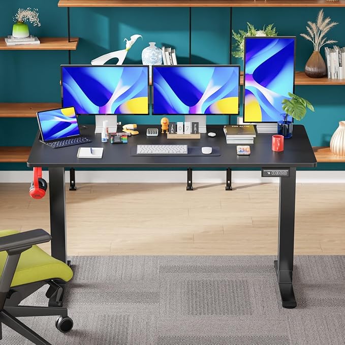 PayLessHere Height Adjustable Electric Standing Desk 55 inches Modern Computer Desk Sit Stand up Desk for Home Office Ergonomic Adjustable Standing Table Computer Desk with Headphone Hook, Black
