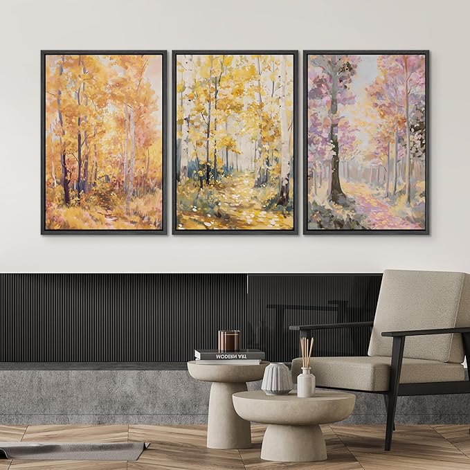 SIGNWIN Framed Canvas Print Wall Art Set Golden Autumn Forest Watercolor Woodland Path Illustrations Modern Art Decorative Abstract for Living Room, Bedroom, Office - 16"x24"x3 Black