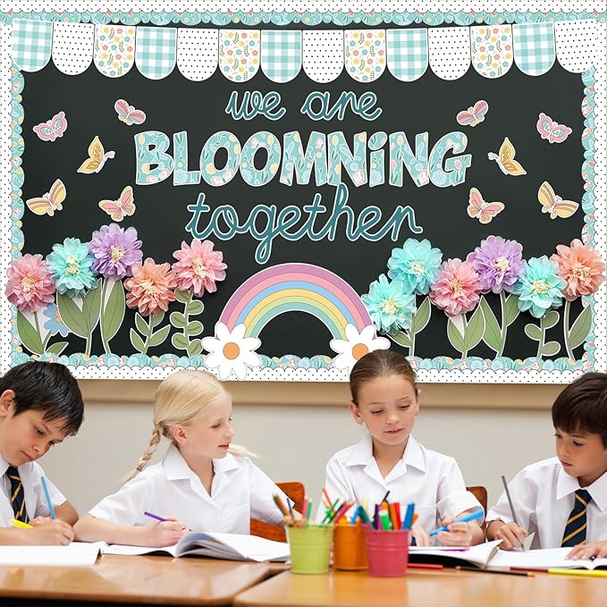 Summer Spring Bulletin Board Decorations Flower Bulletin Board Set with 3D Tissue Paper Pompoms Butterfly Cutouts We are Blooming Together Floral Decor for School Classroom Home Chalkboard Wall
