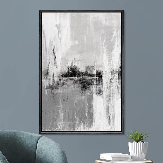 SIGNFORD Framed Canvas Print Wall Art Gray and White Long Brushstrokes Abstract Shapes Illustrations Minimalism Alternative Edgy Dark for Living Room, Bedroom, Office - 24"x36" Black