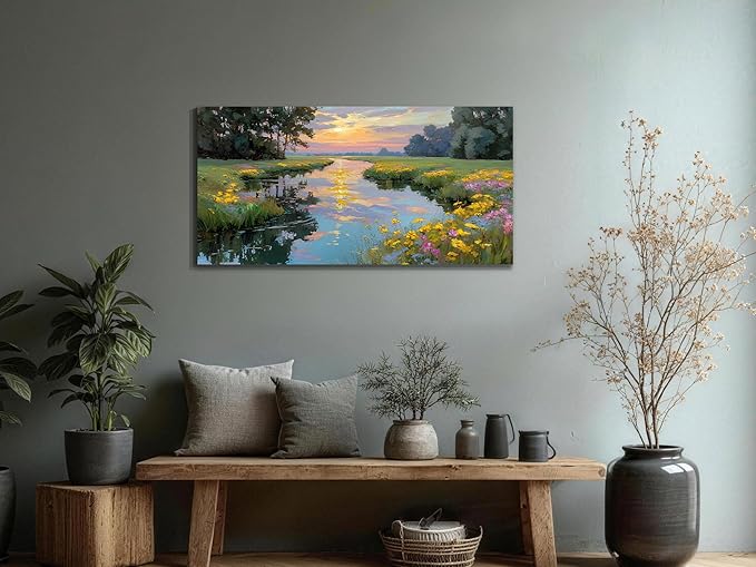 Arjun Landscape Canvas Wall Art Sunset Vibrant Wildflower Flower Field Nature Scene Scenery River Painting, Textured Framed Picture Large Artwork for Living Room Bedroom Wall Decor 40"x20"