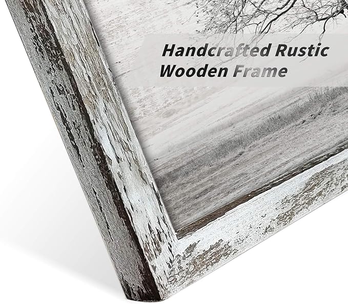 Wooden Winter Tree Wall Art: Farmhouse Foggy Landscape Picture Painting Print on Natural Wood with Handcrafted Rustic Wooden Framed Artwork (45” x 30”)