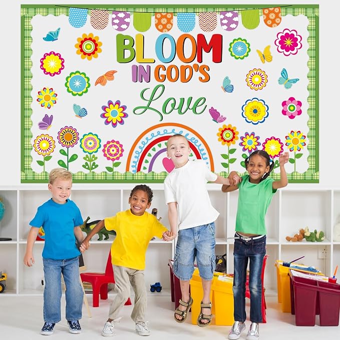 Spring Bulletin Board Set Bloom in God’s Love Classroom Decoration Religious Bulletin Board Jesus Flower Butterfly Cutouts for Spring Easter Christian Sunday School Church Chalkboard Wall Decor