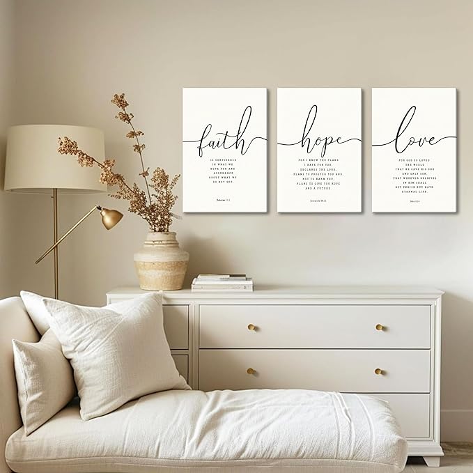 Farmhouse Bible Verses Wall Decor for Living Room - Minimalist Christian Scripture Wall Art Set of 3, Faith Hope Love Canvas Prints Religious Decor for Bedroom Office 16x24 inch Framed