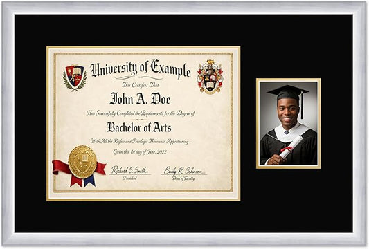 CountryArtHouse Fits 15 x 12 Military/Government and 5 x 7 Photo Diploma and Photo Frame Stainless Silver Genuine Hardwood with Black Over Metallic Gold Double mat