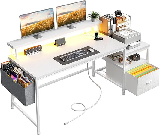 Computer Desk with Drawers,Office Desk with Printer Shelf & Monitor Stand,Gaming Desk with Power Outlets & LED Lights,Corner Table with Side Storage Bag, White