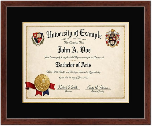 CountryArtHouse Diploma Frame Fits 17 x 13 International Diploma - Keepsake Graduation Display Rustic Walnut Genuine Hardwood with Black Over Metallic Gold Double mat