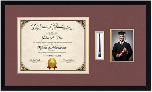 Diploma Tassel and Photo Frame Matte Black Shadowbox Dark Red Over Gold Mat - Fits 15 x 12 Degree Picture Made in the USA