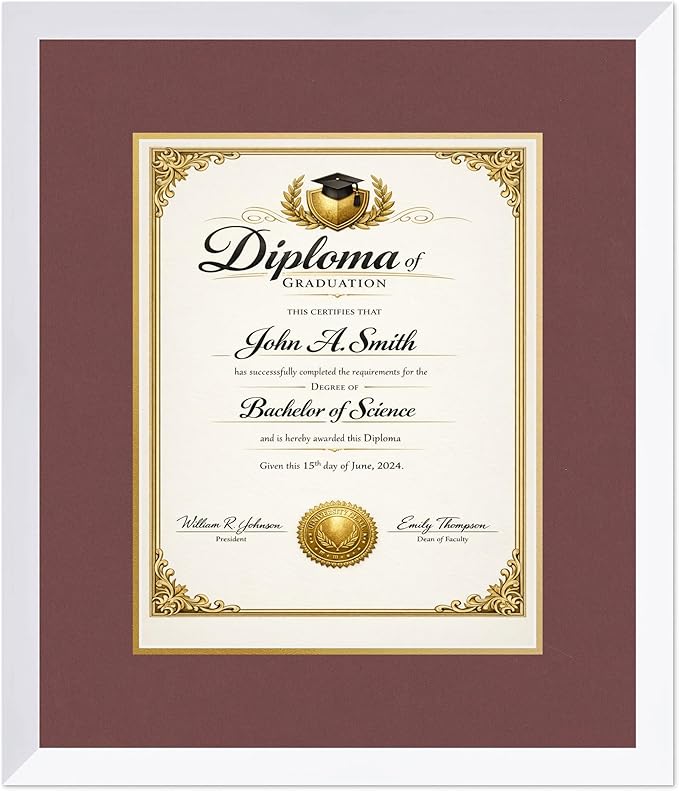 CountryArtHouse Diploma Frame Fits 11 x 14 College Diploma (Portrait) - Keepsake Graduation Display Bright White Genuine Hardwood with Dark Red Over Metallic Gold Double mat