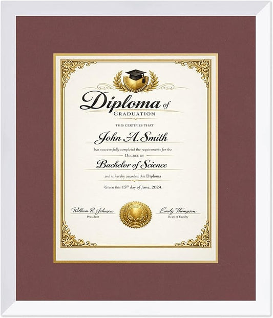 CountryArtHouse Diploma Frame Fits 11 x 14 College Diploma (Portrait) - Keepsake Graduation Display Bright White Genuine Hardwood with Dark Red Over Metallic Gold Double mat