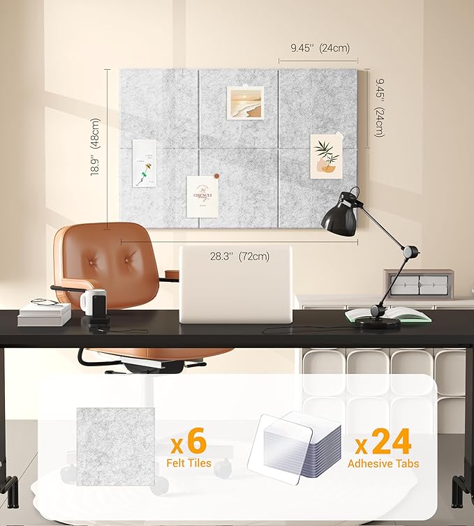 1/2" Thick Cork Board for Office, 6 Pack Felt Wall Tiles -28"x18" with Safe Adhesive Tabs, Large Bulletin Board, Push Pin Board Organizer Wall - Gray Marble