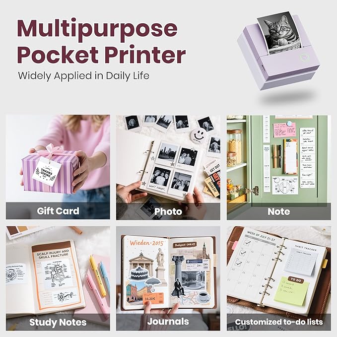 Sticker Printer, PM290C Portable Mini Printer, Inkless Bluetooth Sticker Maker with 3 Rolls Paper, Impresora Portátil for Notes, Journal, DIY, Gift, Print Pod for School/Office/Home, Purple