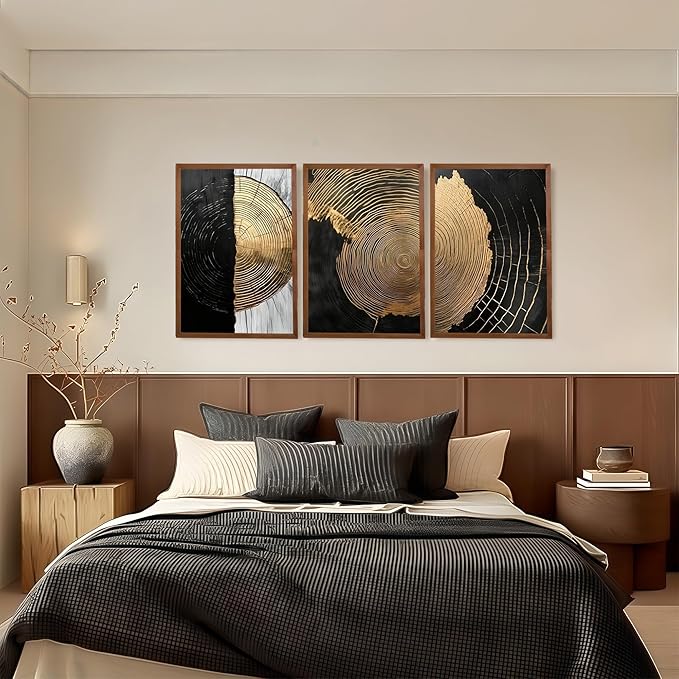 3Pcs Minimalist Abstract Black Golden Wall Art Vintage Tree Ring Wall Decor Pictures Modern Rustic Canvas Posters Prints for Living Room Office Hallway Home Decoration 16x24in Unframed