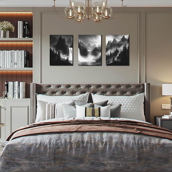 Foggy Forest Wall Art for Living Room - Mountains Canvas Wall Art for Office - Black and White 3 Piece Wall Decor Size 12" x 16"
