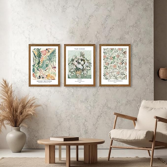 InspiredHues Matisse Van Gogh Morris Canvas Wall Art Set of 3, Sage Green Beige Neutral Flower Wall Decor, Vintage Botanical Art Prints for Living Room Bedroom Office Home Decoration 12x16 Wood Framed