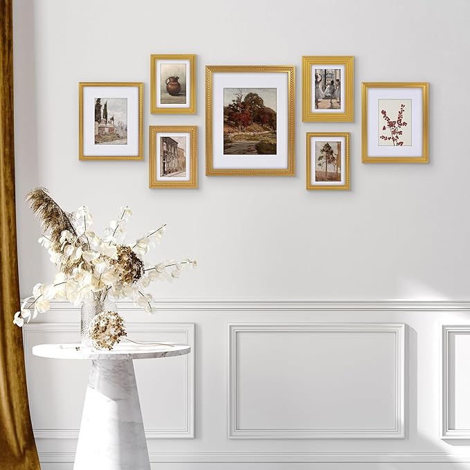Americanflat Set of 7 Vintage Gold Frames with Polished Clear Glass - Gallery Wall Frame Set with One 11x14 Frame, Two 8x10 Frames, and Four 5x7 Frames - Antique Frames for Tabletop or Wall Display