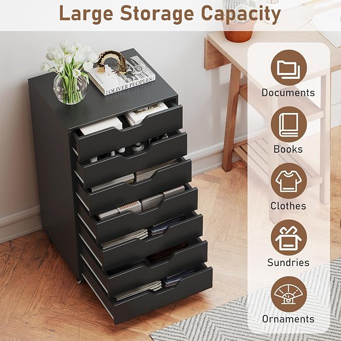 7 Drawer File Cabinet, 34.5" Vertical Storage Drawer Cart, Under Desk Office Organizer, Wooden Printer Stand, Rolling Filing Cabinet for Home Office (Black)