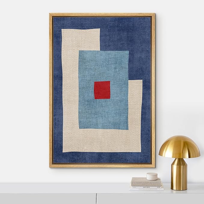IDEA4WALL Framed Canvas Print Wall Art Mid-Century Blue & Red Blocks Abstract Geometric Illustrations Modern Art Minimalism Shapes Multicolor Boho for Living Room, Bedroom, Office - 16"x24" Natural