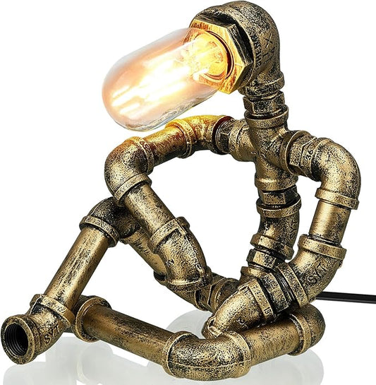 VIHOSE Steampunk Table Lamp, Creative Pipe Robot Lamp, Vintage Industrial Water Pipe Light for Bedside Nightstand Reading Room Office Cafe Bar Decor Father's Day Men Gifts