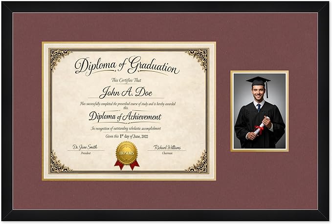 Diploma Frame With Photo Opening Matte Black Dark Red Over Gold Mat - Fits 15 x 12 Degree and Picture Made in the USA