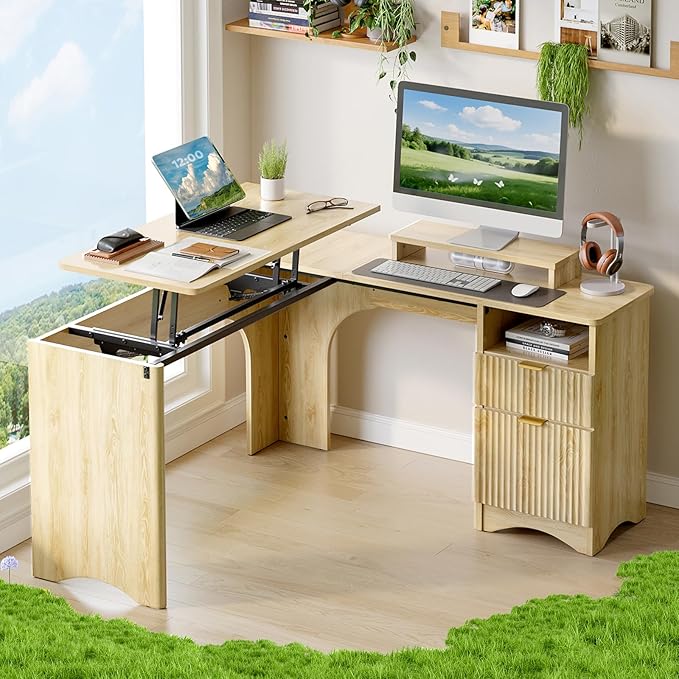 Bestier L Shaped Desk with Lift Desktop, 55 inch Corner Desk with Fluted Panel Deisgn Drawers, Modern Office Desk with File Drawer (Natual Oak, 55'' x 55'' Lift Top)