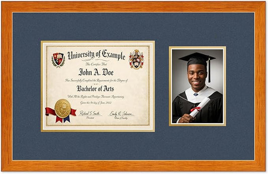 CountryArtHouse Fits 10 x 8 Professional License and 5 x 7 Photo Diploma and Photo Frame Honey Oak Genuine Hardwood with Navy Blue Over Metallic Gold Double mat