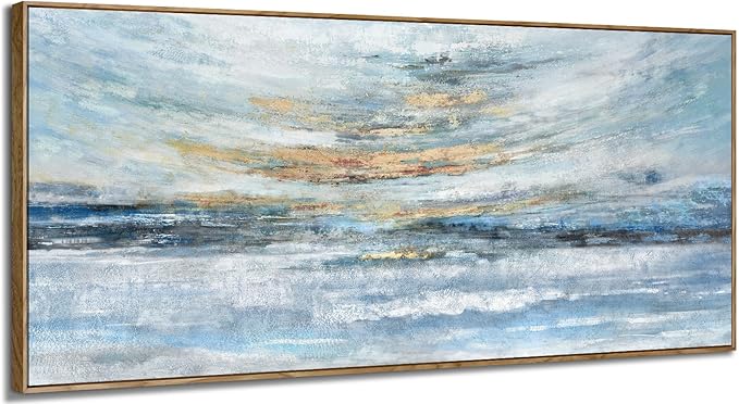 Nicetop Extra Large Framed Abstract Ocean Landscape Wall Art, Serene Sunset Painting with Natural Wooden Frame, Modern Coastal Décor for Living Room, Bedroom & Office, 71x32 Inch