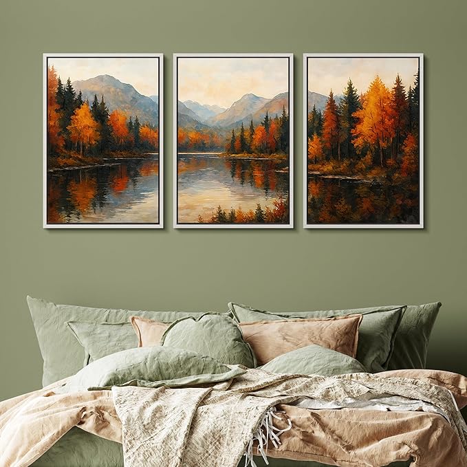 SIGNFORD Framed Wall Art Print Set Autumn Mountain Lake Vibrant Fall Forest Landscape Digital Art Modern Art Contemporary for Living Room, Bedroom, Office - 16"x24"x3 White