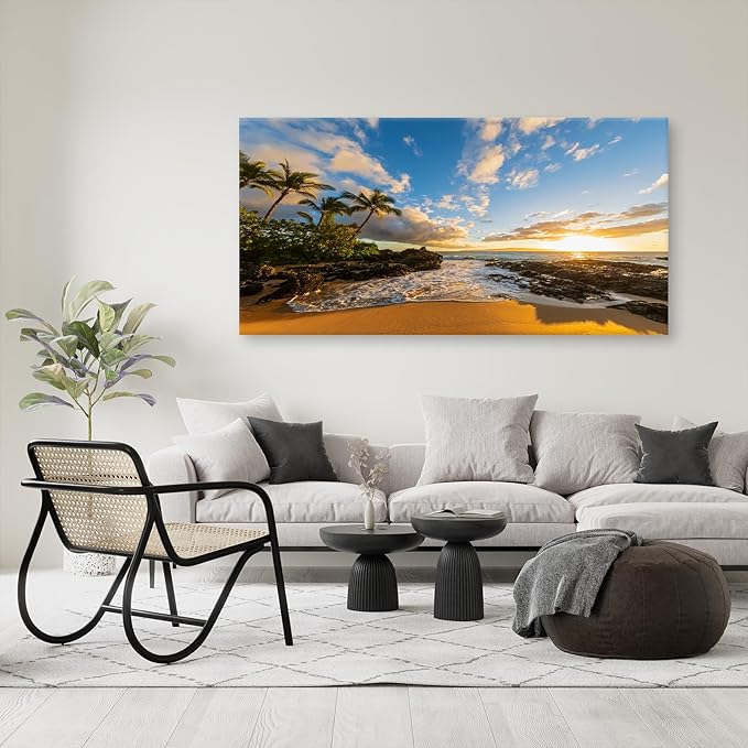 DZL Art S75498 Large Beach wall art Secret Beach at sunset, Maui, Hawaii Canvas Wall Art For Living Room Decoration Nature Picture Canvas Prints Painting for for Office Wall Decor Home Decorations