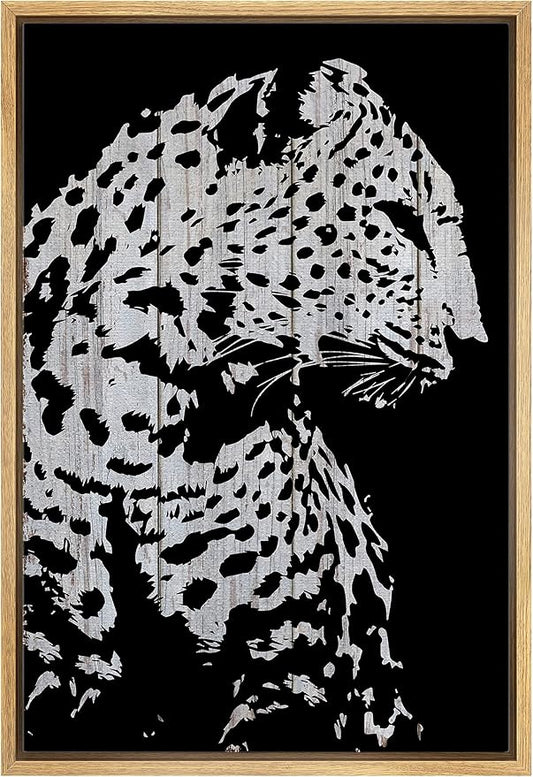 IDEA4WALL Framed Canvas Print Wall Art Grayscale Spotted Leopard Profile on Wood Panels Animals WildLife Illustrations Modern Art Tropical Portrait for Living Room, Bedroom, Office - 24"x36" NATURAL