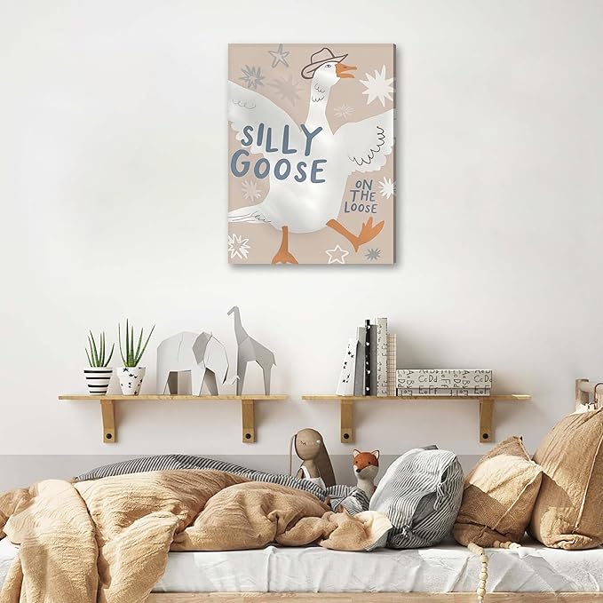 MJONG Funny Nursery Wall Art, Cowboy Silly Goose on the Loose Canvas Prints, Cute Farm Animal Country Wall Decor for Kids Bedroom or Playroom, Rustic Farmhouse Artwork – 12x16in