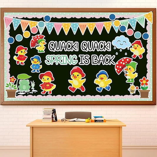 Quark Quark Spring is Back Bulletin Board Spring Bulletin Board Decorations Set Yellow Duck Rainbow Umbrella Clouds Flowers Cutouts Back to School Supplies for Classroom Home Office Wall Door Decor