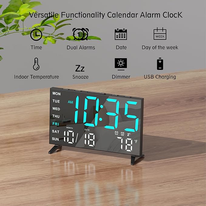 Mirror Digital Loud Alarm Clock,Indoor Temperature,USB Charging Port,Dimmer,Dual Alarms,Adjustable Volum,12/24H,Snooze,Perfect for Bedroom and Living Room (Black+Ice Blue Digit)