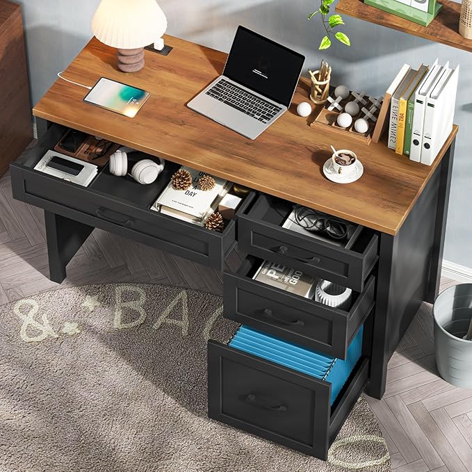 Vabches Farmhouse 47" Executive Desk with 4 Drawers, Computer Desk with File Drawer and Charging Station, Workstation for Home Office, Study.Black Brown