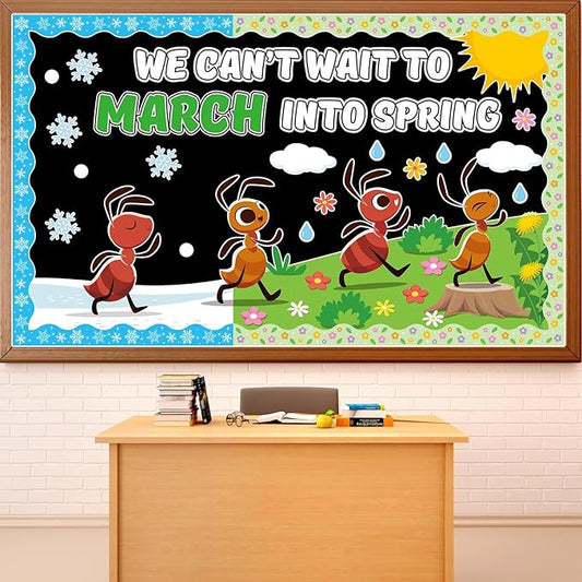 Spring Ant Bulletin Board Set March into Spring Classroom Decoration Colorful Flowers Ant Bulletin Board Springs Ants Paper Cutouts for Back to School Classroom Chalkboard Wall Decor